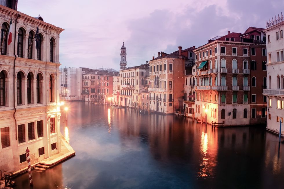 view of grand canal in venice after sunset, with magic and ethereal light