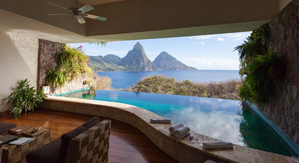 view of st lucian twin pitons from jade mountain