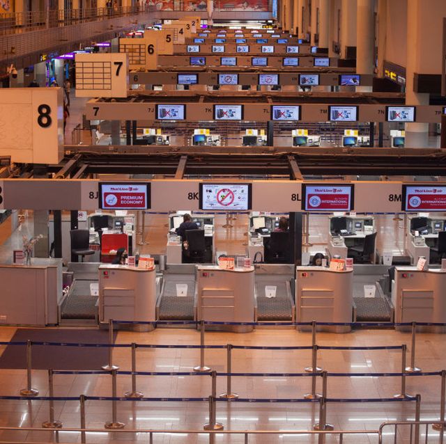 A view of the empty check-in counters at Don Mueang Airport...