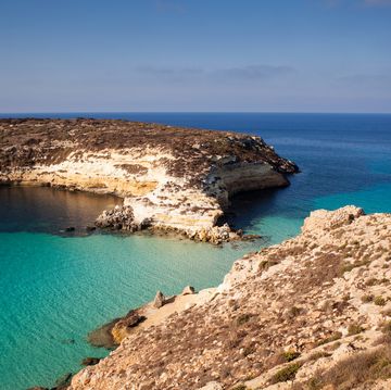 view of the most famous sea place of lampedusa, it is named spiaggia dei conigli, in english language rabbits beach or conigli island