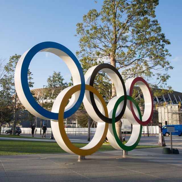 View of the Olympic Rings near the new National Stadium in...