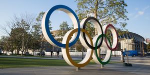 View of the Olympic Rings near the new National Stadium in...