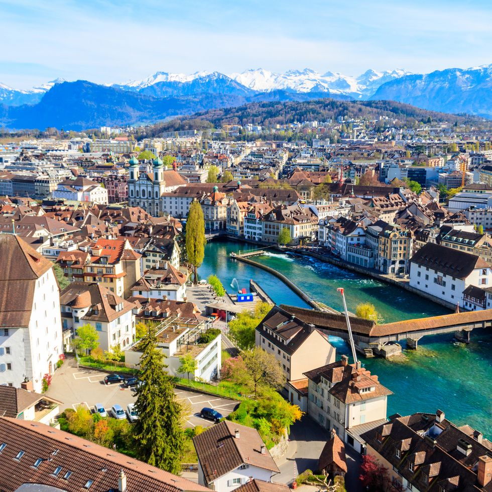 view of the reuss river and old town of lucerne luzern city, switzerland view from above
