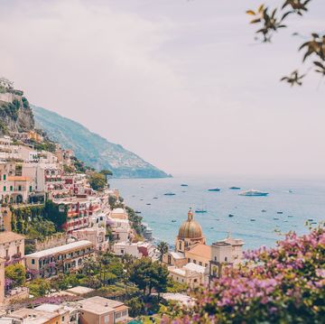 view of the town of positano with flowers