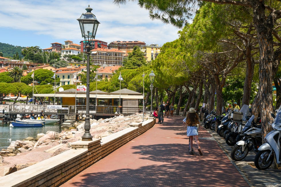 view of the tree lined seaside promenade with boats moored at the rocky shore and tourists in summer, lerici, la spezia, liguria, italy