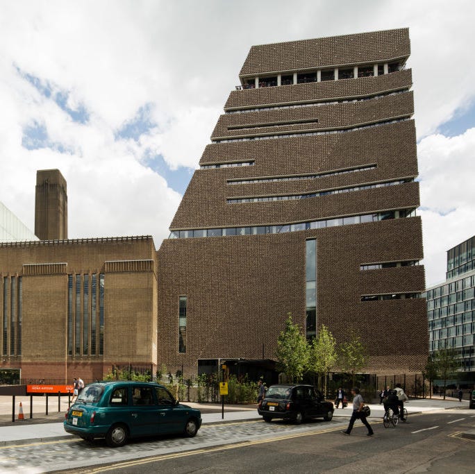 View of west side of Switch House. Switch House at Tate Modern, London, United Kingdom. Architect: Herzog and De Meuron, 2016. view of west side of switch house switch house at tate modern london united kingdom architect herzog and de meuron 2016