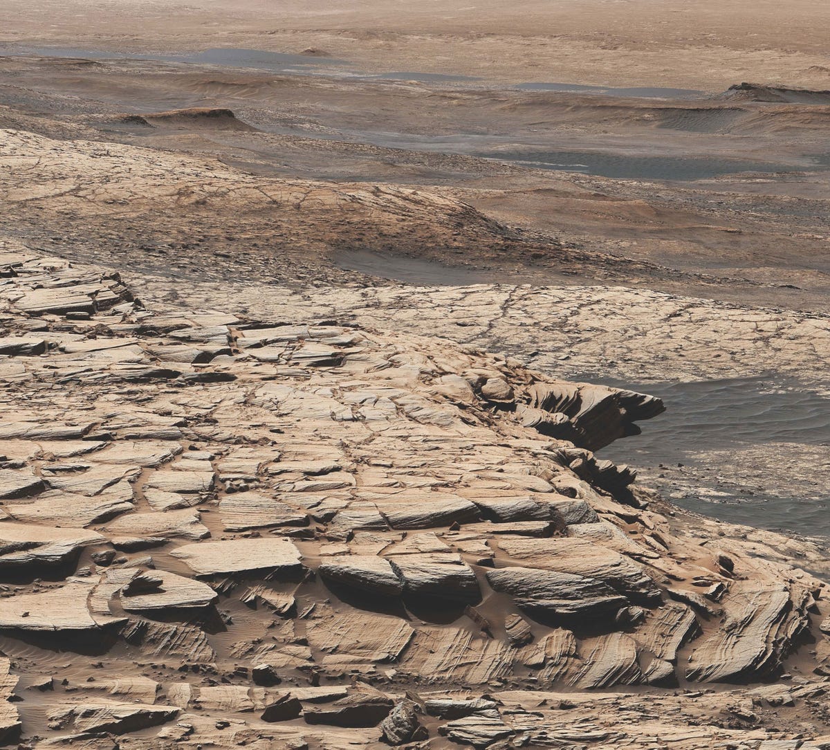 In de Galekrater op Mars op de foto heeft de NASArover Curiosity gesteentemonsters genomen van rotsen met een verhoogd gehalte aan lichte koolstofisotopen  iets wat op aarde in verband wordt gebracht met de aanwezigheid van levensvormen