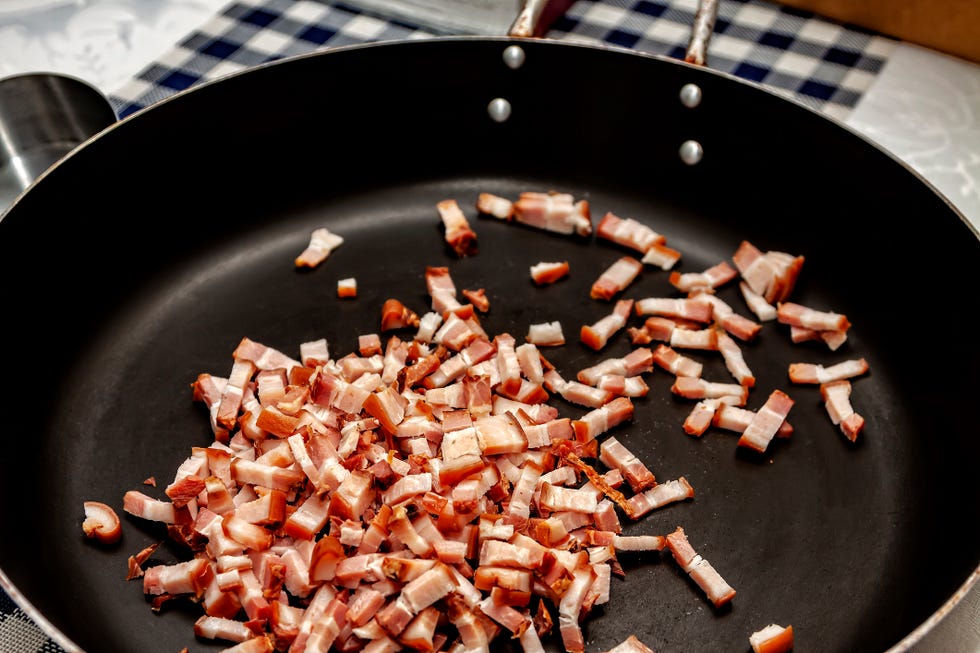 viewed from above , chopped bacon in the non stick skillet ready to go to the fire