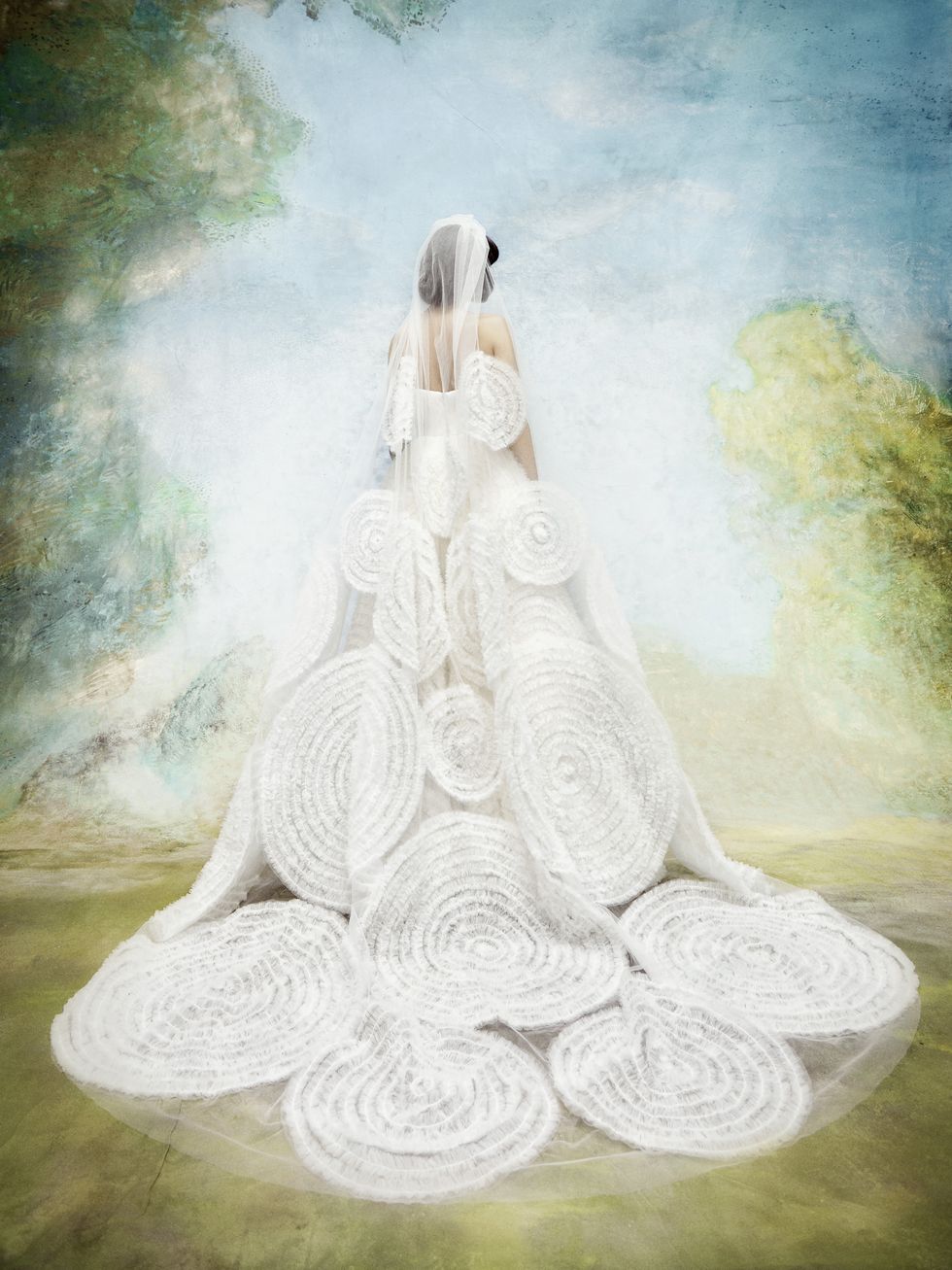 Wedding dress, Dress, Bride, Gown, Bridal clothing, Photography, Bridal accessory, Still life, Painting, Bridal veil, 