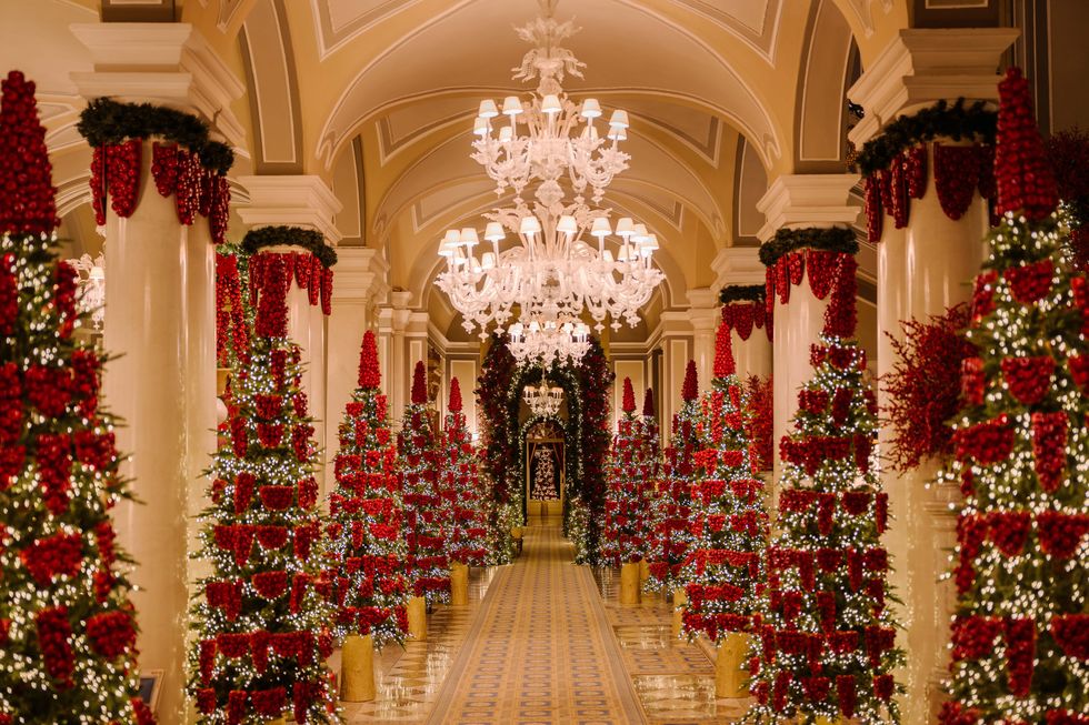 a large room with christmas decorations