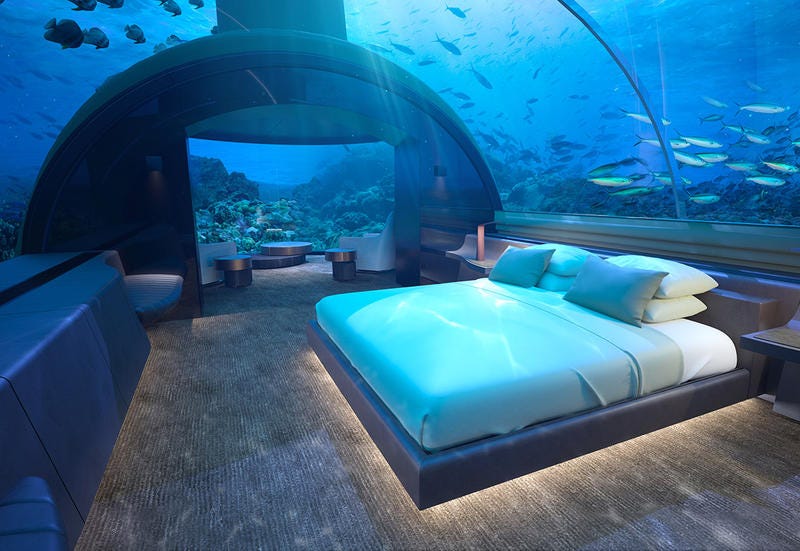 Turquoise, Underwater, Property, Room, Aqua, Architecture, Interior design, Furniture, Bedroom, Ice hotel, 