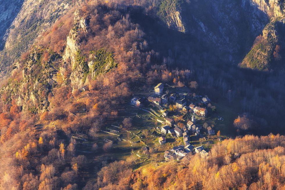 Village of San Giorgio fom above. Valchiavenna, Valtellina, Lombardy, Italy, Europe.