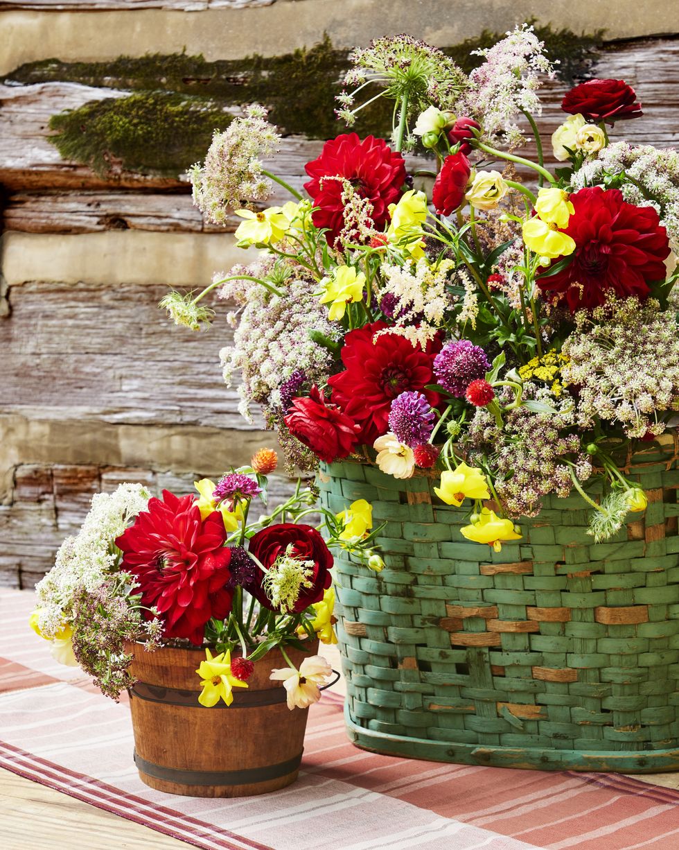 fall flowers ranunculus, dahlias, and queen anne’s lace nestled in baskets and a wood bucket