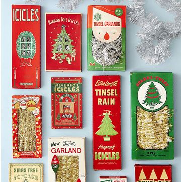 vintage christmas decorations including tinsel, icicles, christmas albums