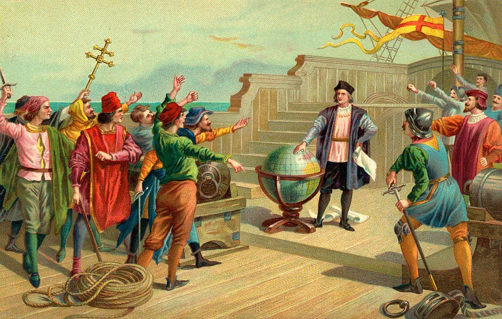 vintage color illustration of christopher columbus standing on a ship deck with one hand on a large globe and the other on his hip holding a paper scroll, he wears a hat, dark jacket, long sleeve shirts, dark pants and leggings, several people surround him on the deck many with their hands out toward him