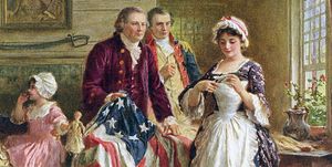 a painting of betsy ross sewing an american flag as people look on