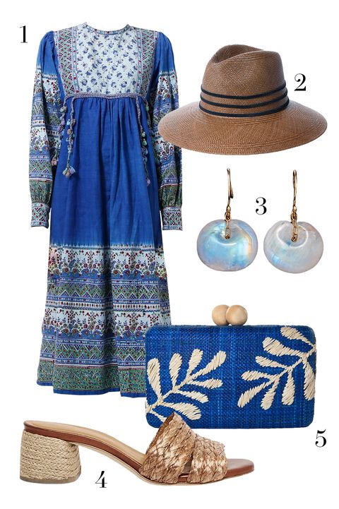resee world treasures dress, ten thousand things earrings, kayu clutch, andre assous shoes, janessa leone hat