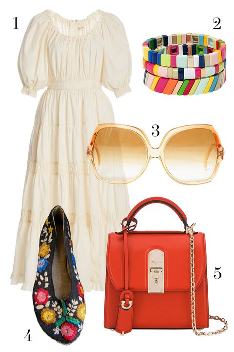 ulla johnson dress, vintage sunglasses resee, nomad vintage shoes, salvatore ferragamo bag, roxanne assoulin bracelets