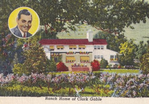 vintage souvenir postcard, clark gable, hollywood and movie star homes series, ca 1938