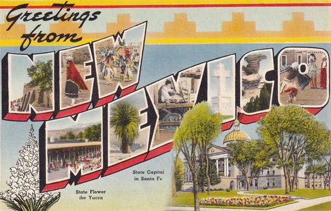 vintage souvenir postcard, greetings from new mexico series, ca 1948