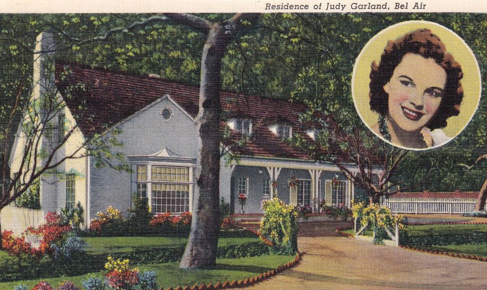 vintage souvenir postcard, judy garland's bel air home, movie star homes series, ca 1938