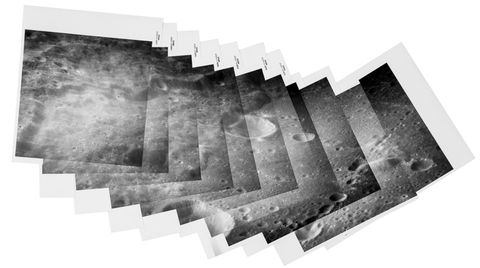 Deze fotos van de maan samengevoegd tot een panorama werden genomen tijdens de Apollo 10 missie in 1969