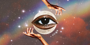 two hands surround a dark eye over a full moon in a starry rainbow sky the word "virgo" reads next to the moon