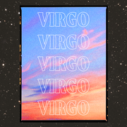 the stylized word virgo over a sunset scene