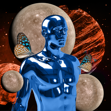 a robotic blue man in space
