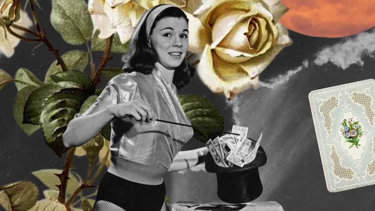 a woman performing a magic trick with a hat and money amidst floral elements and a large moon