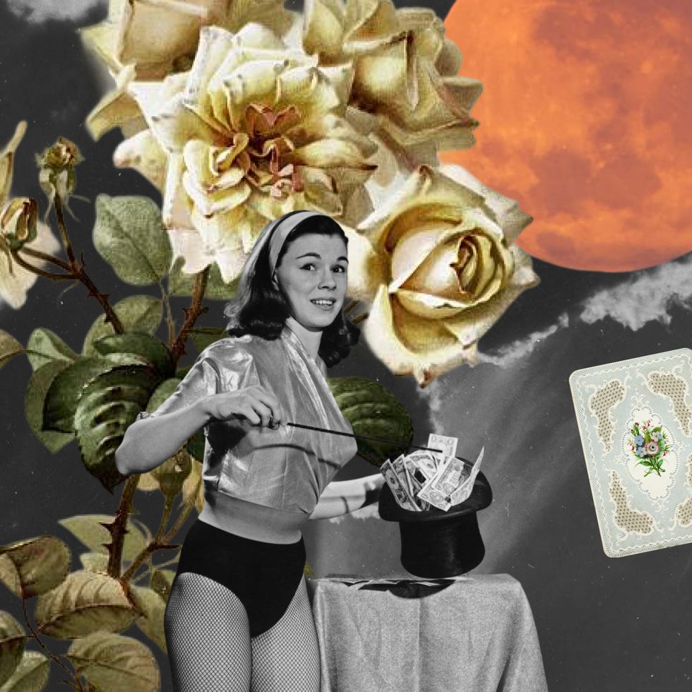 a woman performing a magic trick with a hat and money amidst floral elements and a large moon