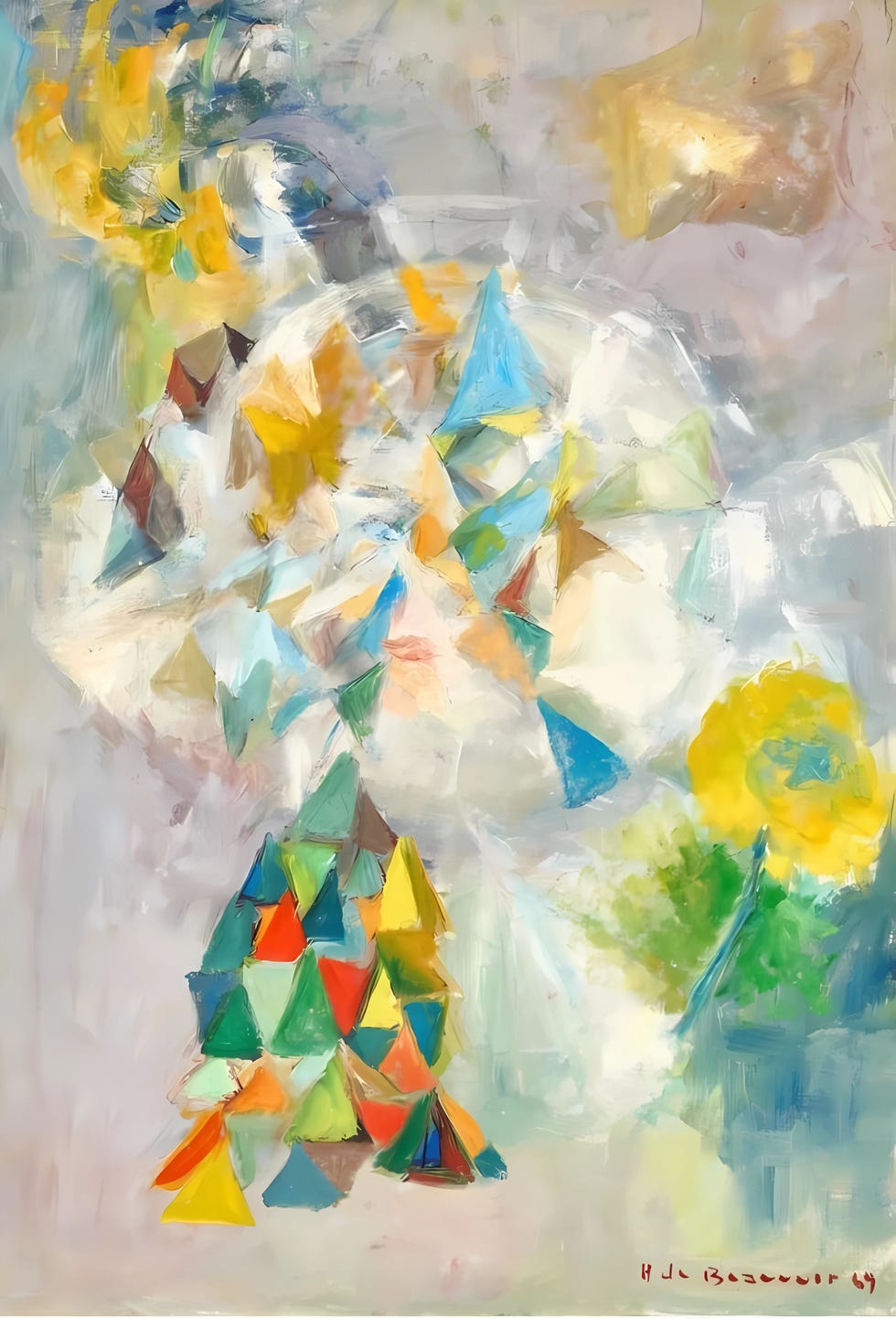 abstract composition featuring colorful triangular shapes against a soft background