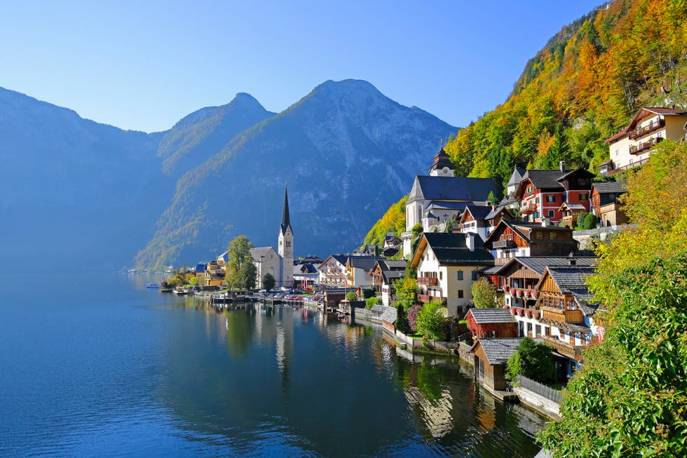 village hallstatt on lake hallstatt in autumn