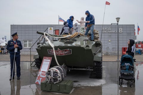 kubinka, russia august 20 visitors make selfies with kids at army 2022