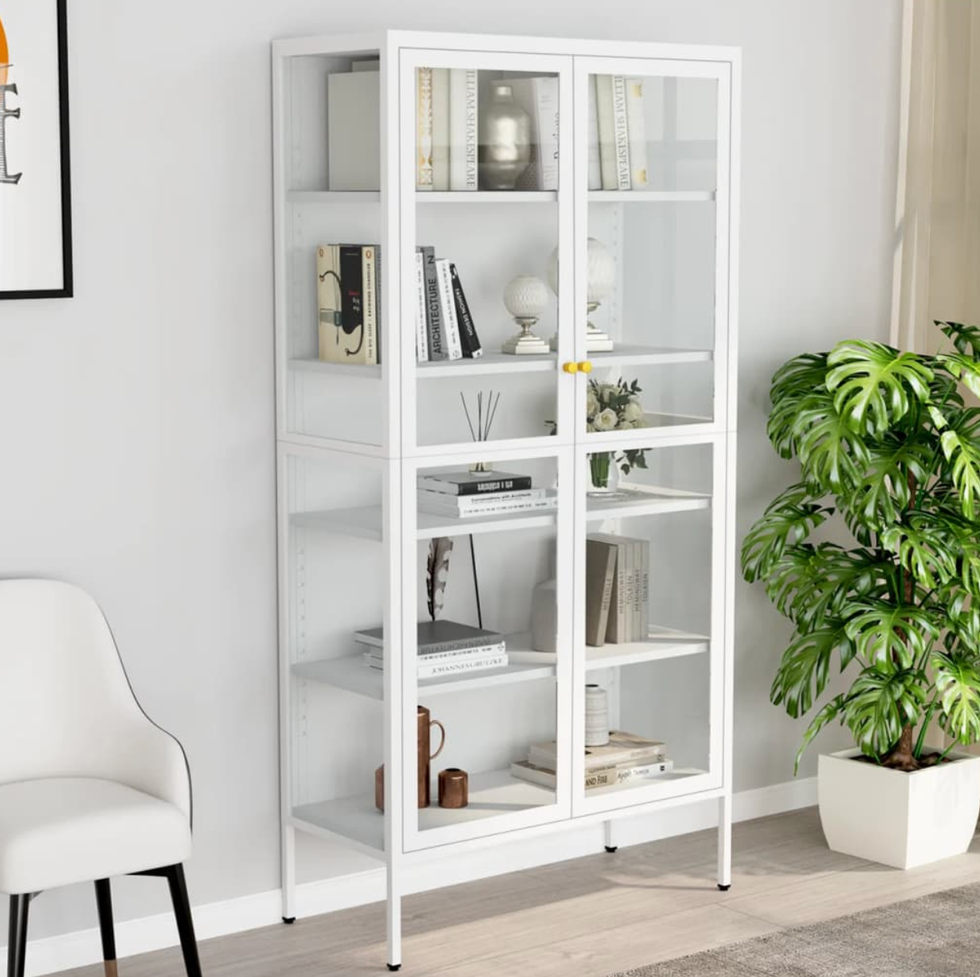 vitrina de acero y vidrio templado blanca 90x40x180 cm