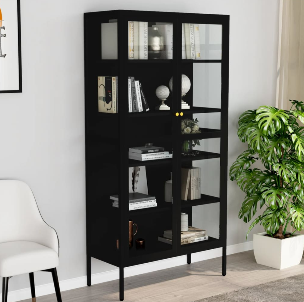 vitrina de acero y vidrio templado negra 90x40x180 cm