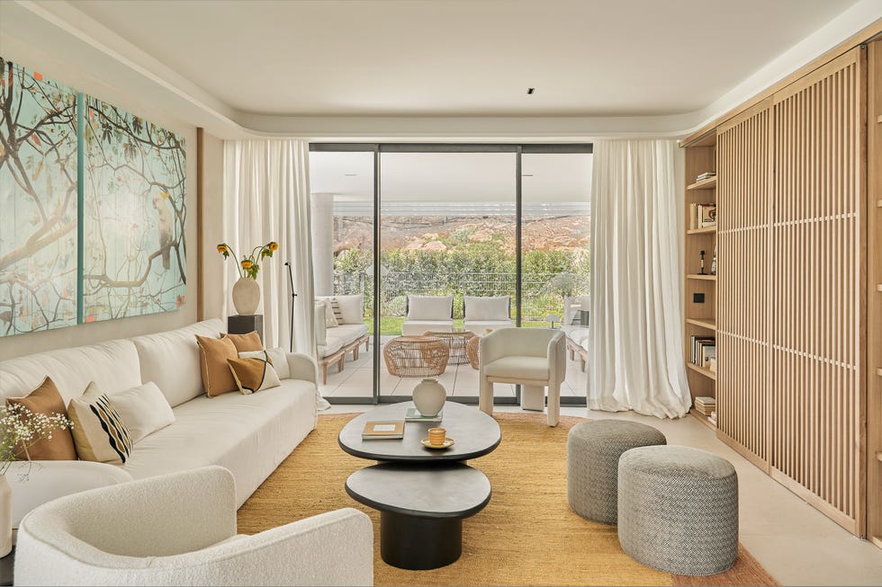 salón con muebles de líneas orgánicas y estantería de madera
