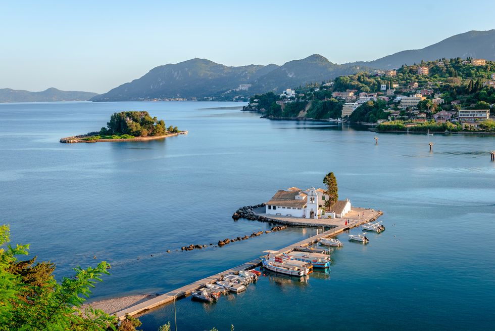 vlacherna monastery and the mouse island in corfu, greece.