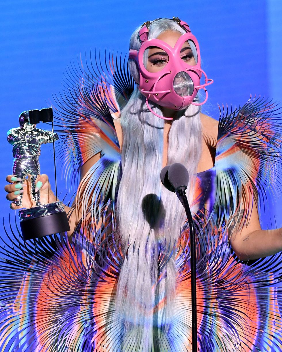 unspecified   august 2020 lady gaga accepts the best collaboration award for rain on me with ariana grande onstage during the 2020 mtv video music awards, broadcast on sunday, august 30th 2020 photo by kevin wintermtv vmas 2020getty images for mtv