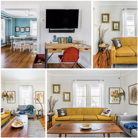 Living room, Room, Furniture, Interior design, Home, Property, Yellow, House, Building, Orange, 
