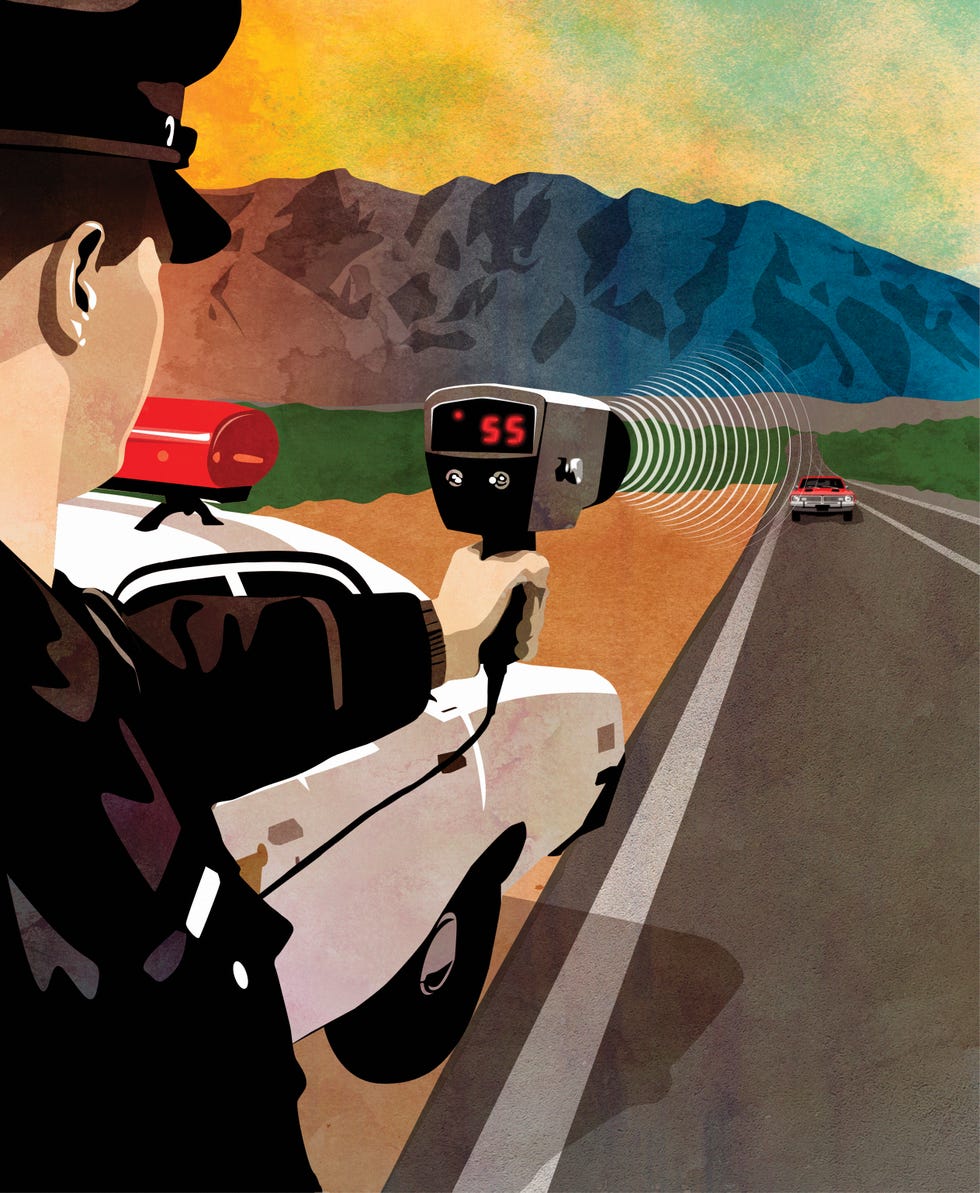 illustration of a police officer using a radar detector to check speeding cars