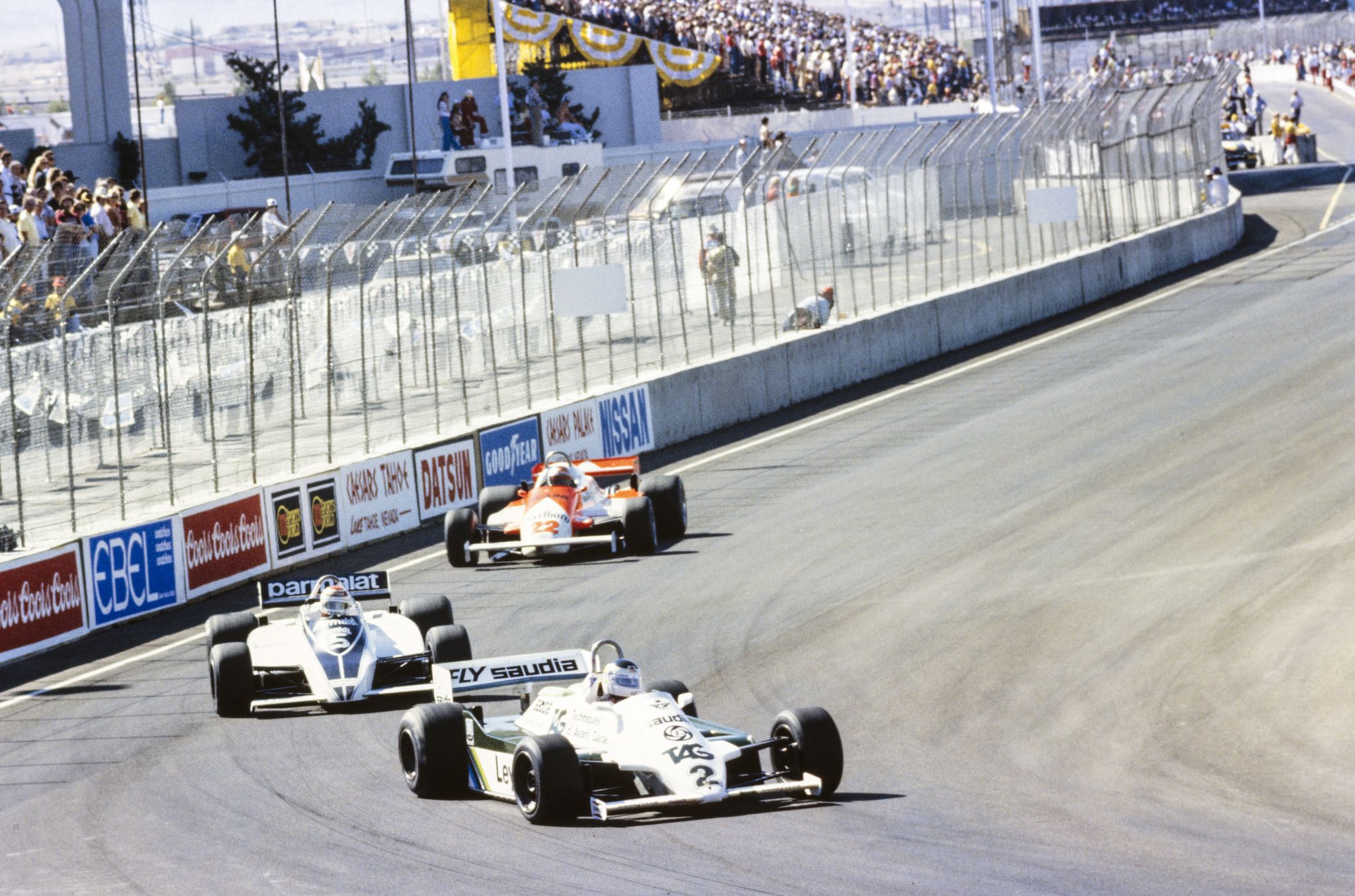 streets of las vegas, united states of america october 17 carlos reutemann, williams fw07c ford, leads nelson piquet, brabham bt49c ford, and mario andretti, alfa romeo 179c during the caesars palace gp at streets of las vegas on october 17, 1981 in streets of las vegas, united states of america photo by lat images