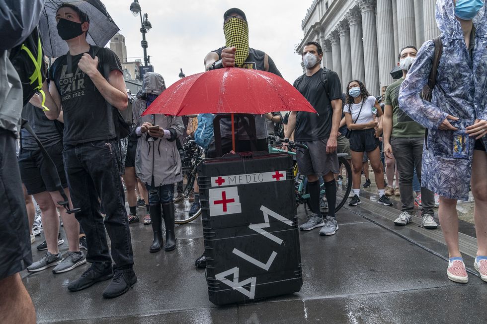 volunteer medic seen as protesters gathered during black lives matter protest in new york city on june 5, 2020
