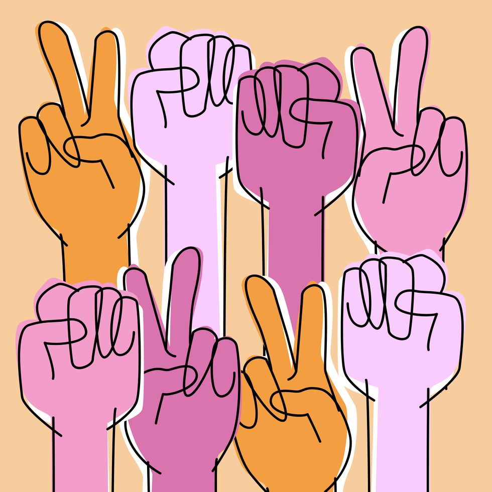 Finger, Hand, Gesture, V sign, Text, Pink, Sign language, Thumb, Line, High five, 