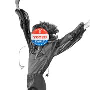 red, white, and blue "i voted early" sticker imposed over the face of a person raising their arms joyously