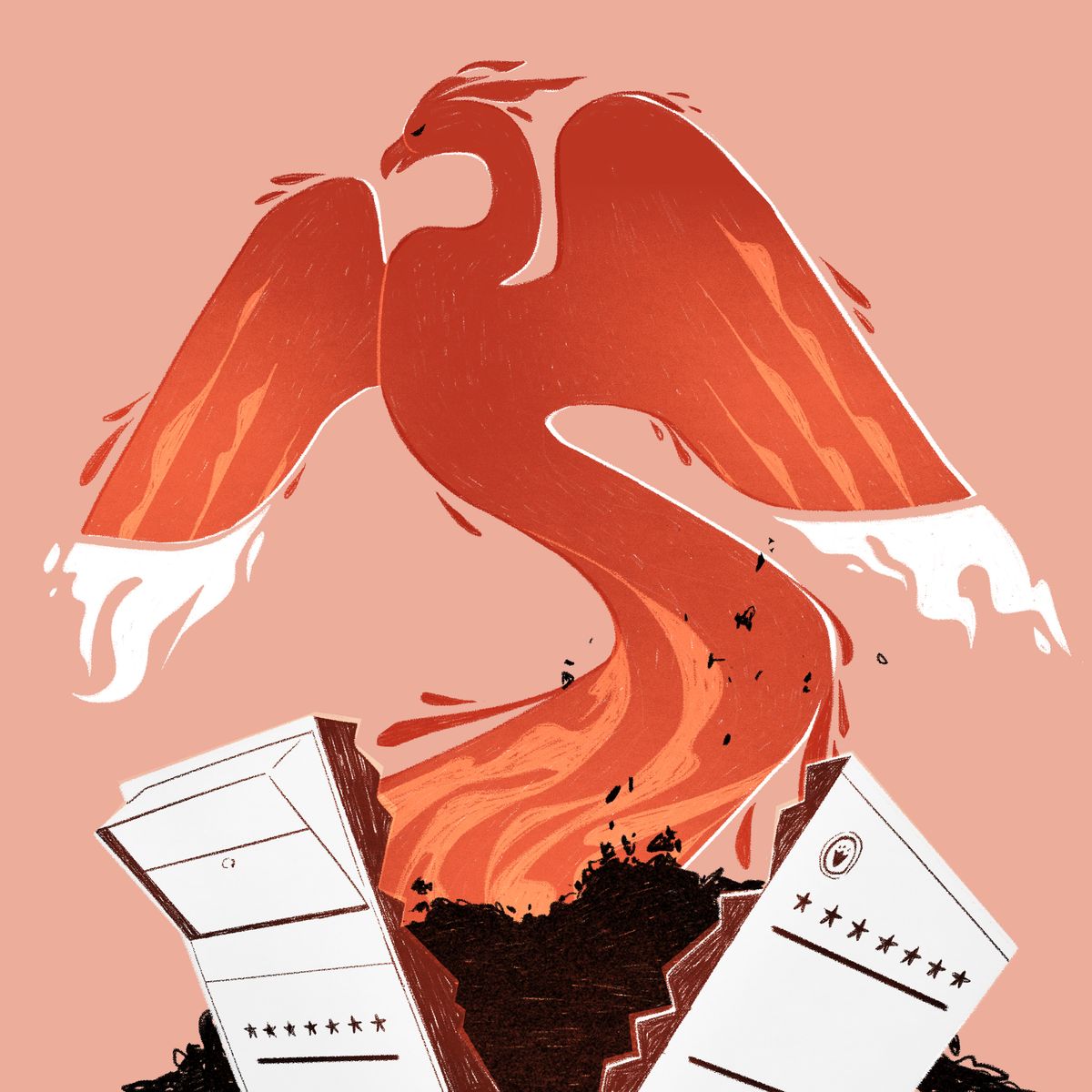 illustration of a red phoenix with blazing wings emerges from ashes and a cracked ballot box background is a pale pink