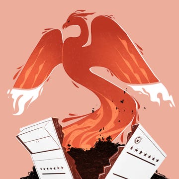 Voting and Abolition illustration of a red phoenix with blazing wings emerges from ashes and a cracked ballot box background is a pale pink