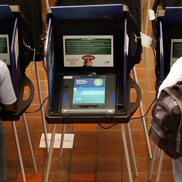 An electronic voting machine sits idle a