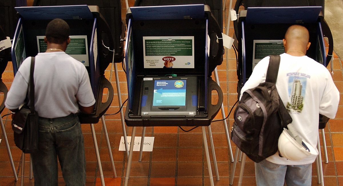 An electronic voting machine sits idle a