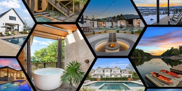a collage of a house with a pool and a large window